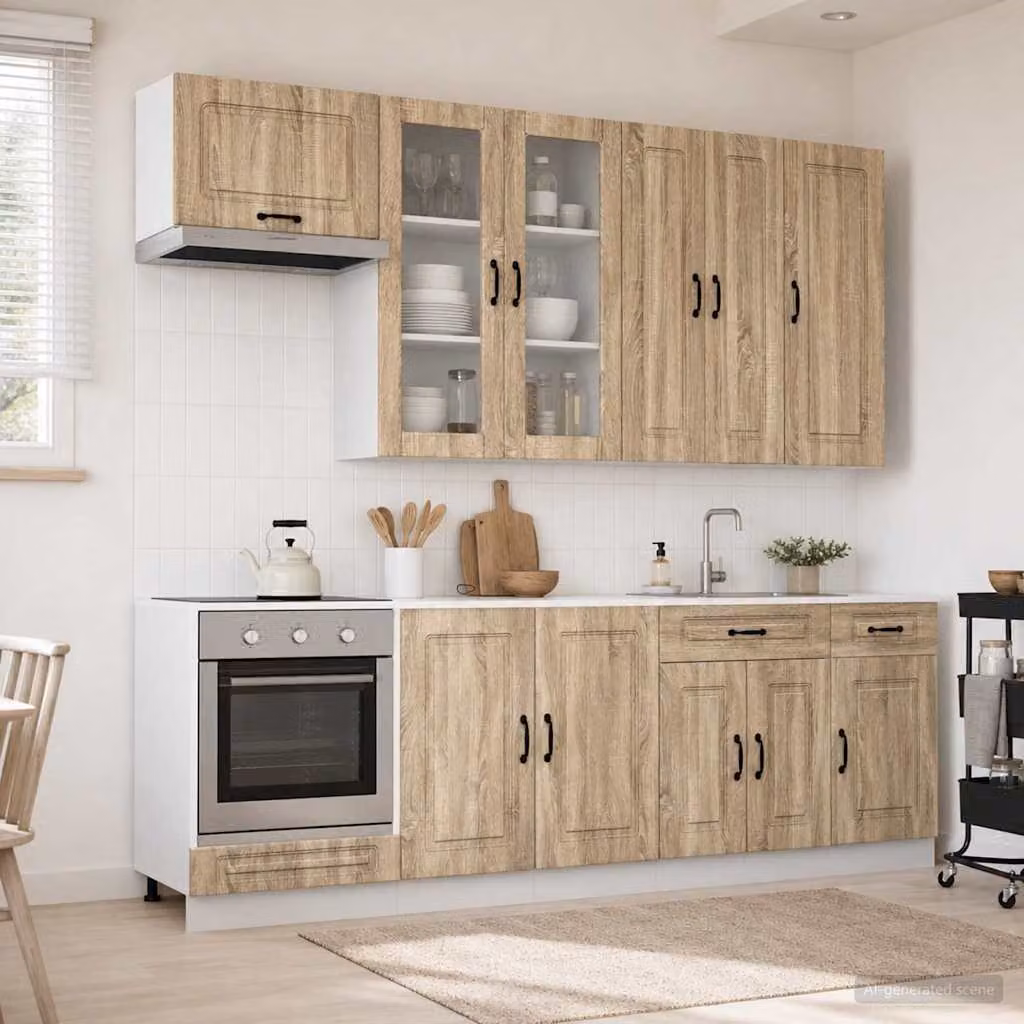 Unità cucina moderna vidaXL KALMAR composta da 8 pezzi in legno ingegnerizzato e MDF colore rovere marrone con ante a battente e ripiani aperti