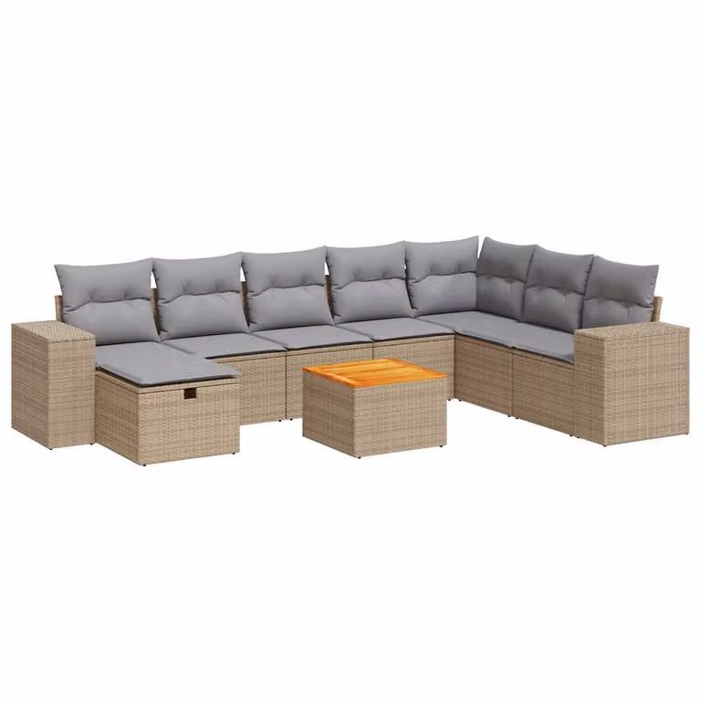 Set Divano da Giardino 9 pz con Cuscini Beige in Polyrattan