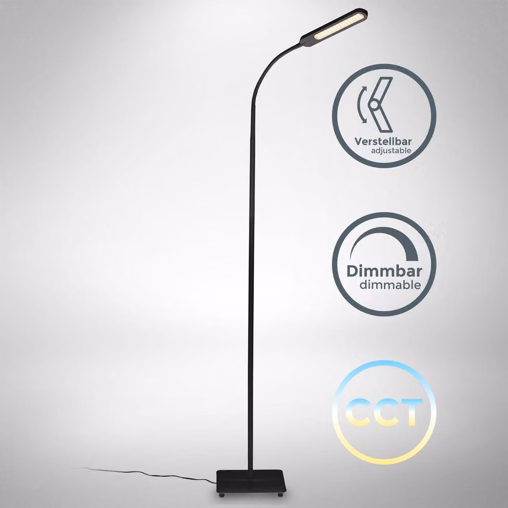 B.K.Licht Lampada da terra LED, piantana dimmerabile su 4 livelli, luce calda, neutra o fredda, altezza d?uso 1,35m, LED integrati 6,5W, 600Lm, orientabile, lampada a stelo touch moderna, nera IP20
