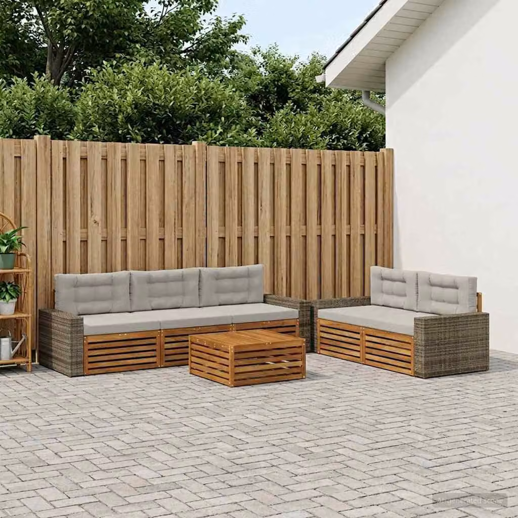 Set di divani da esterno vidaXL a forma di U in legno di acacia con tavolo da caffè, 6 pezzi, beige e grigio