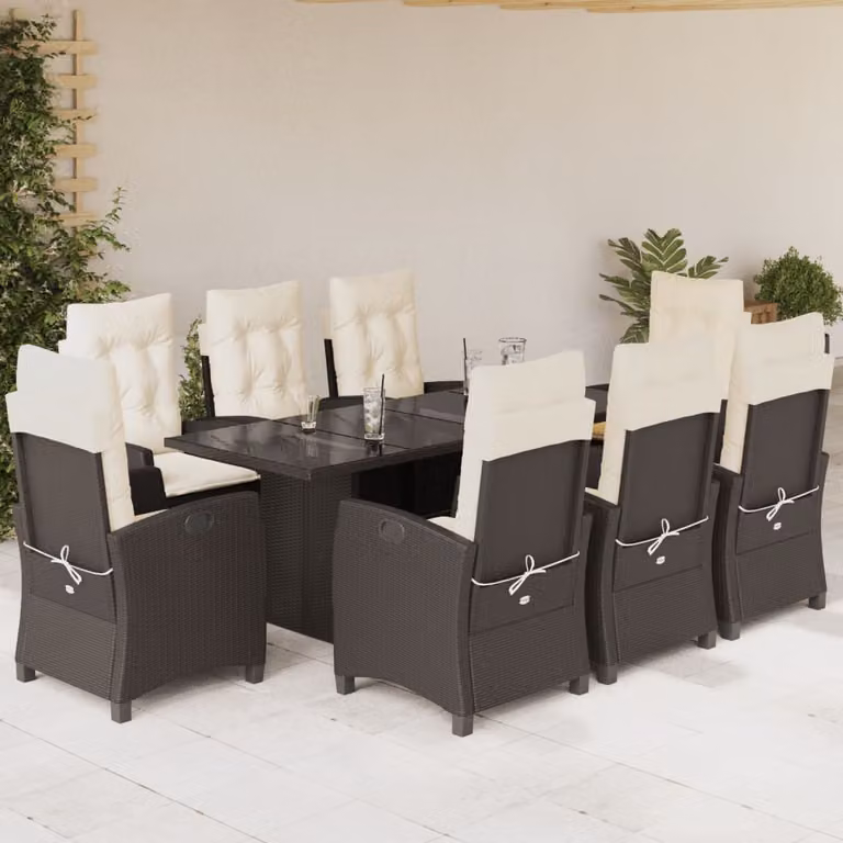 Set da pranzo da giardino vidaXL in polyrattan marrone con 9 pezzi e cuscini bianchi