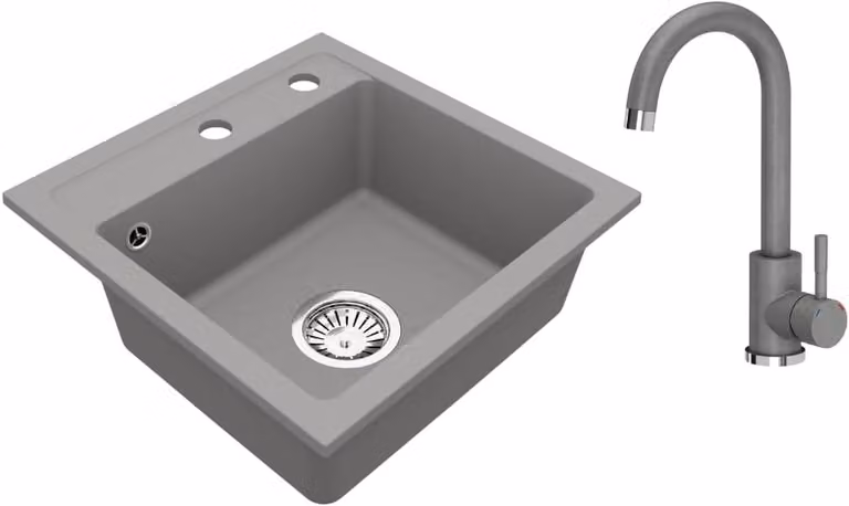 VBChome Lavello in granito 44 x 44 cm Grigio con rubinetteria Vasca singola Lavello da incasso Maculato Lavello di facile manutenzione con sifone Ideale per cucine piccole