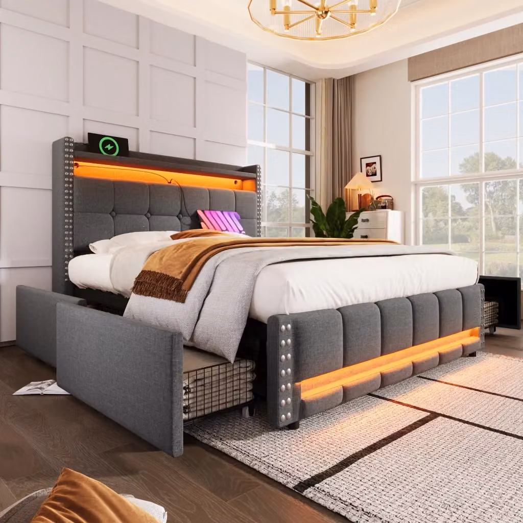 Letto matrimoniale imbottito OKWISH grigio con illuminazione LED, porta USB, ripiani e cassetto, L/P: 140 x 200 cm – 2