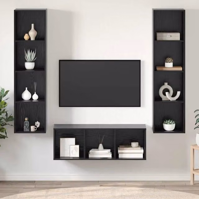 Set mobile TV moderno vidaXL in 3 pezzi, colore nero, in legno ingegnerizzato MDF, L: 142,5 cm, H: 39,5 cm, P: 37,0 cm