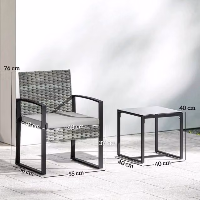 Set da giardino ULEVR 3 pezzi in rattan sintetico, 2 poltrone con cuscini e tavolino con vetro, grigio chiaro