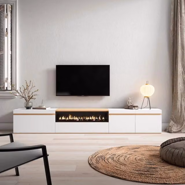 Mobile TV Soggiorno, 288x45x35 cm, TV di grande formato, Camino elettrico, Bianco e Rovere soft