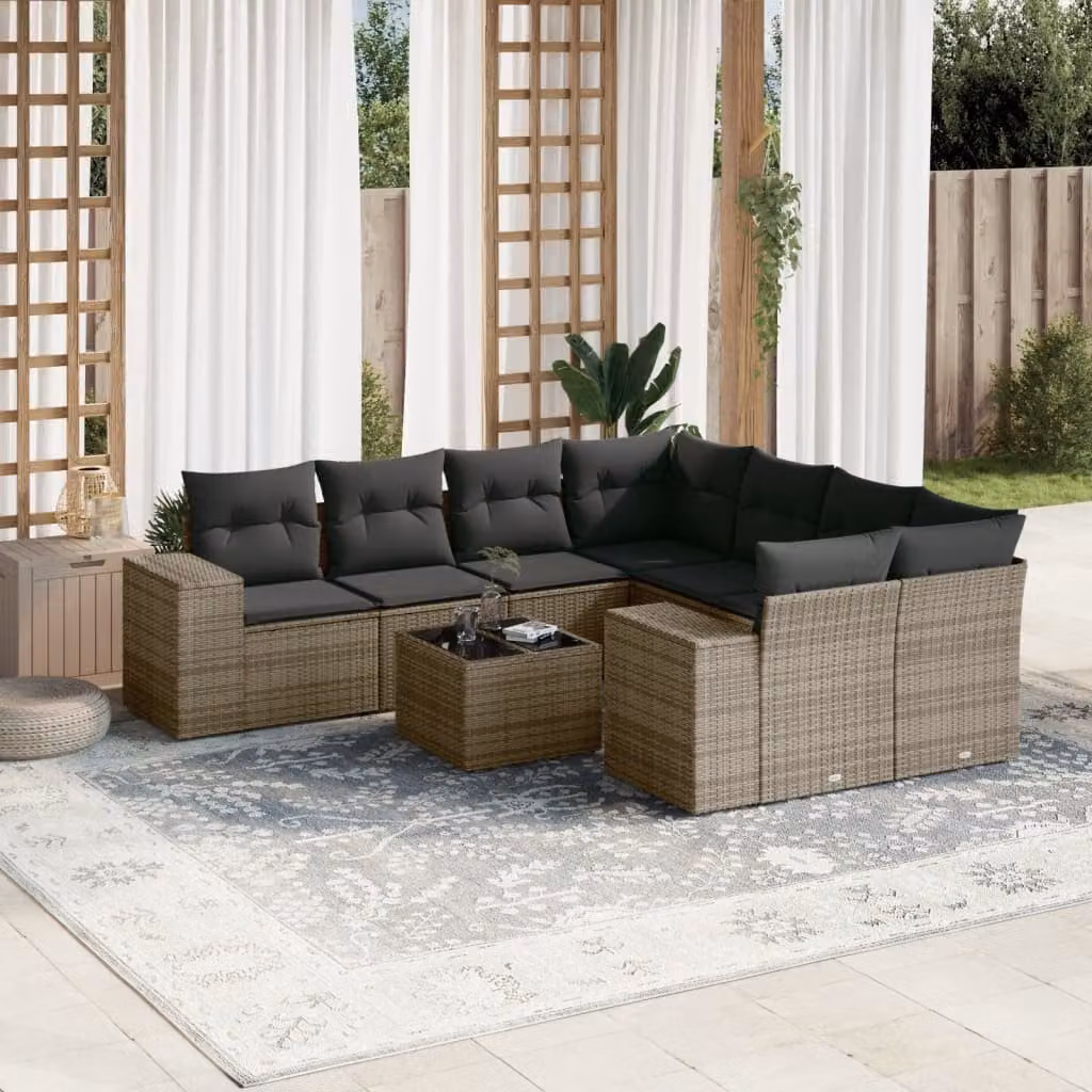 vidaXL Set Divano da Giardino a L 9 pz in Polyrattan Grigio con Cuscini e Tavolino – 1