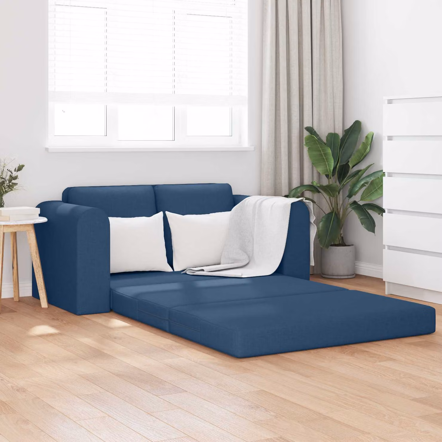 Divano letto vidaXL in tessuto blu con struttura in metallo e composito, L: 148 cm, P: 71 cm, H: 83 cm