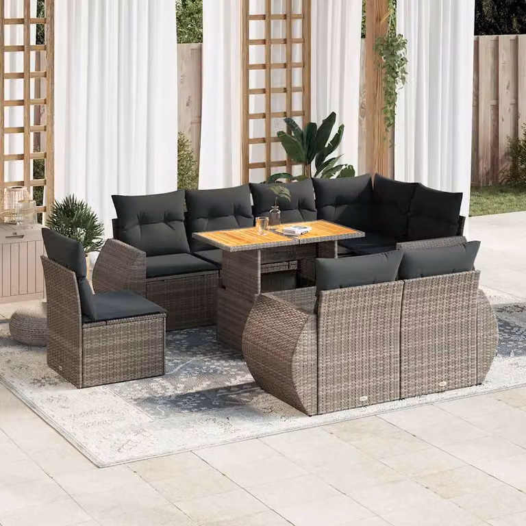 vidaXL Set Divano da Giardino 9 pz in Polyrattan Grigio con Cuscini e Tavolino da Caffè