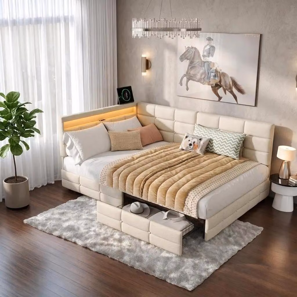 Letto imbottito INONEFT 140x190 con LED e USB, divano letto multifunzione con rete a doghe e 2 cassetti, letto matrimoniale contenitore con spazio di stoccaggio, tessuto in lino, color beige