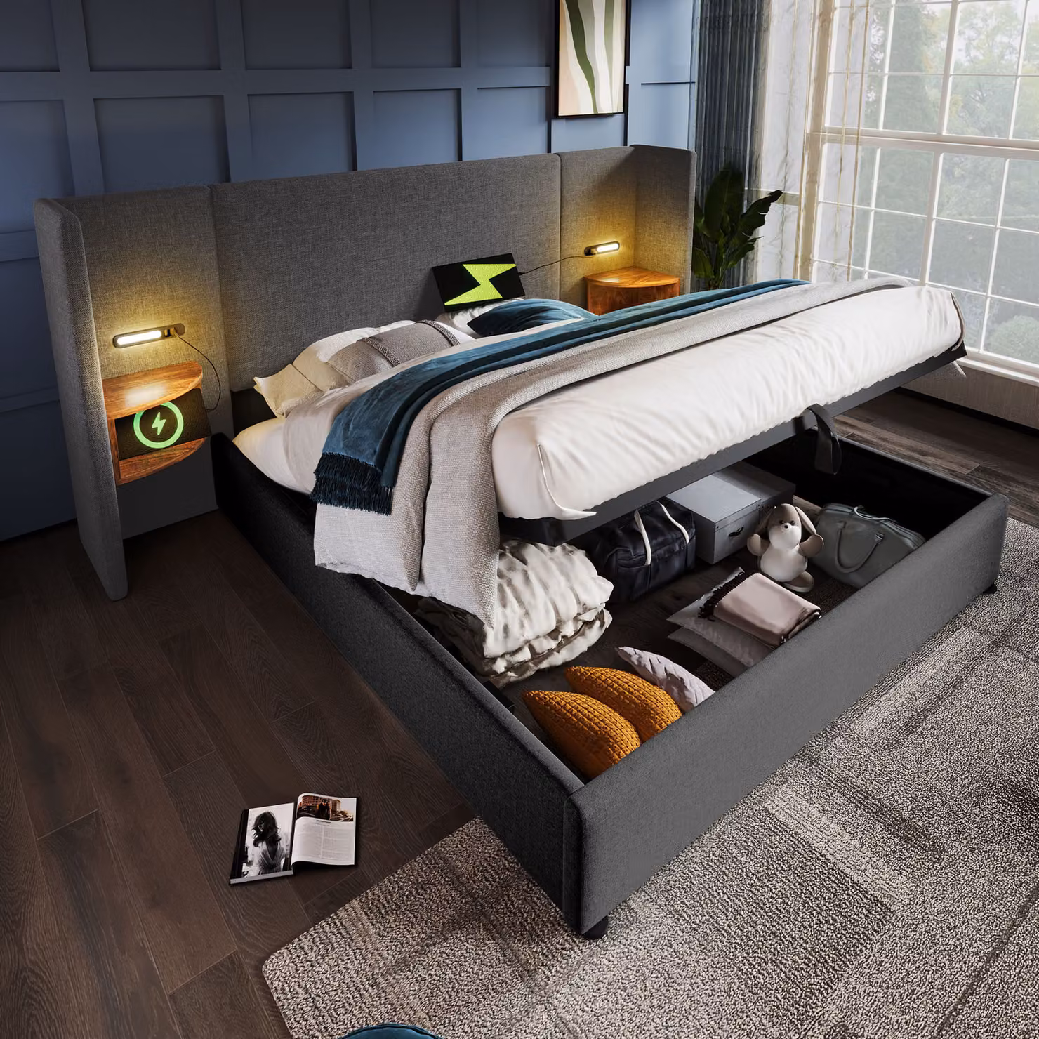 MODFU Letto imbottito matrimoniale Letto idraulico con contenitore 180×200 con comodino, lampada da lettura e funzione di ricarica USB Type-C, letto per ragazzi con rete a doghe in legno massello e metallo, grigio, con materasso