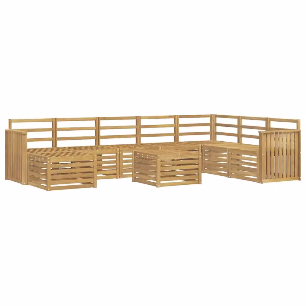 Set di divani da esterno vidaXL in legno di acacia massello con cuscini bianchi e marroni, composizione a L con tavolino e pouf, 9 pezzi – 2