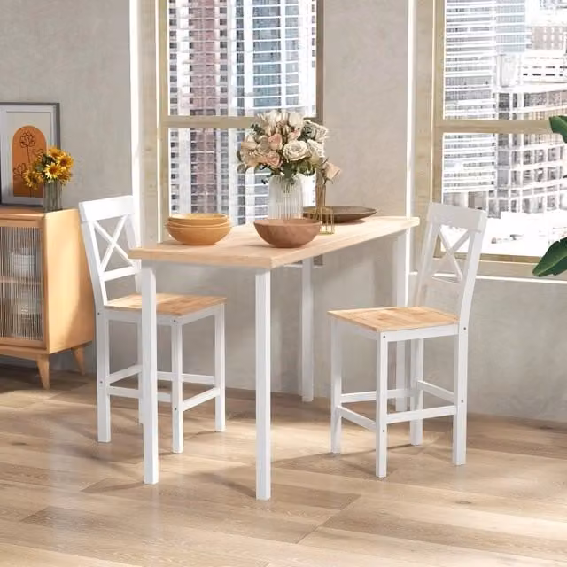 Set di 2 sgabelli da bar in legno di pino con poggiapiedi e schienale, stile country, per cucina e soggiorno, naturale