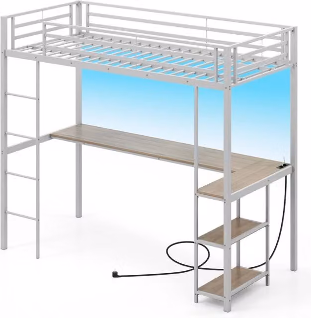Letto metallico loft con presa elettrica-Giroletto a soppalco con sponda & scala Argento + Naturale