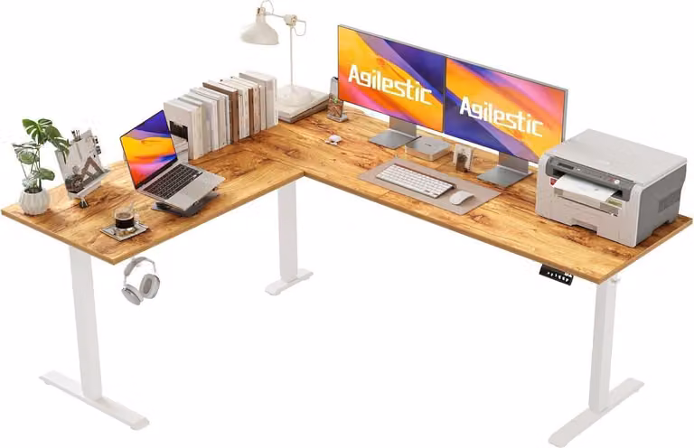 Scrivania a L regolabile in altezza 190 x 155 cm Elettrica, ergonomica, marrone chiaro