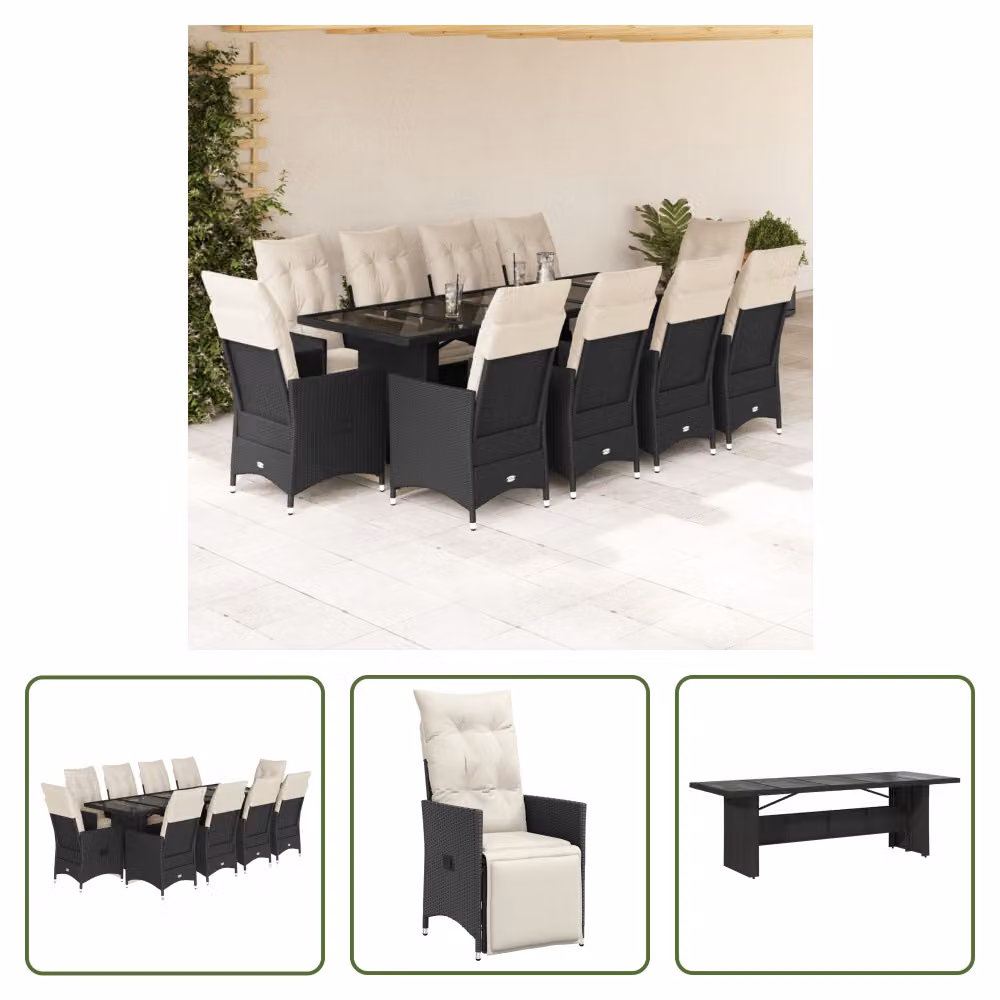 The Living Store Set bistrot da giardino da 11 pezzi con cuscini in poly rattan nero