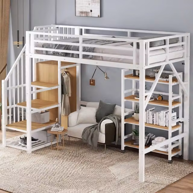 Letto a soppalco singolo 90 × 200 cm con armadio scala, scaffale mobile e barriera, senza materasso, bianco naturale