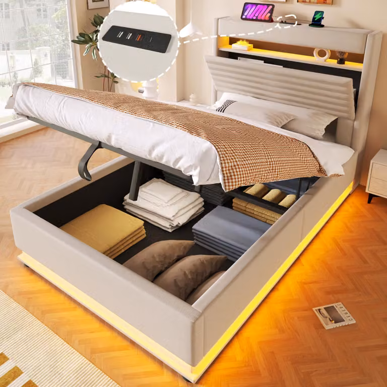 Letto imbottito okwish 90×200 con materasso, letto per ragazzi con funzione di ricarica USB Type-C, letto contenitore con illuminazione a LED e vano portaoggetti, colore beige
