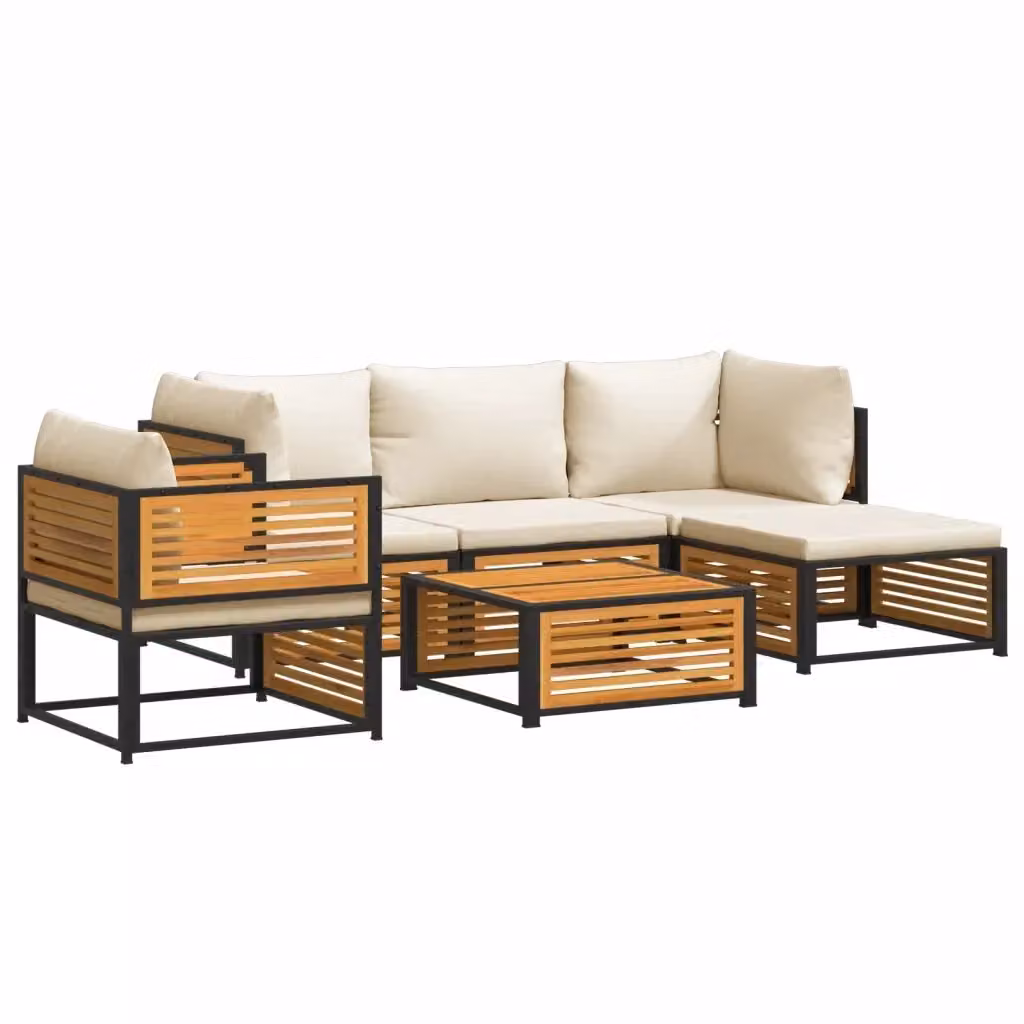 vidaXL Set Divano da Giardino a L 6 pz con Cuscini Imbottiti in Legno di Acacia e Acciaio, Colore Marrone, Beige o Bianco – 2