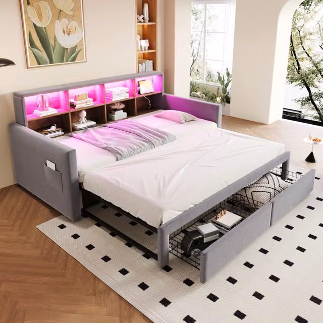 Letto imbottito estraibile 90x190 cm in velluto grigio chiaro; apertura a 180 cm; testiera contenitore; LED e 2 cassetti