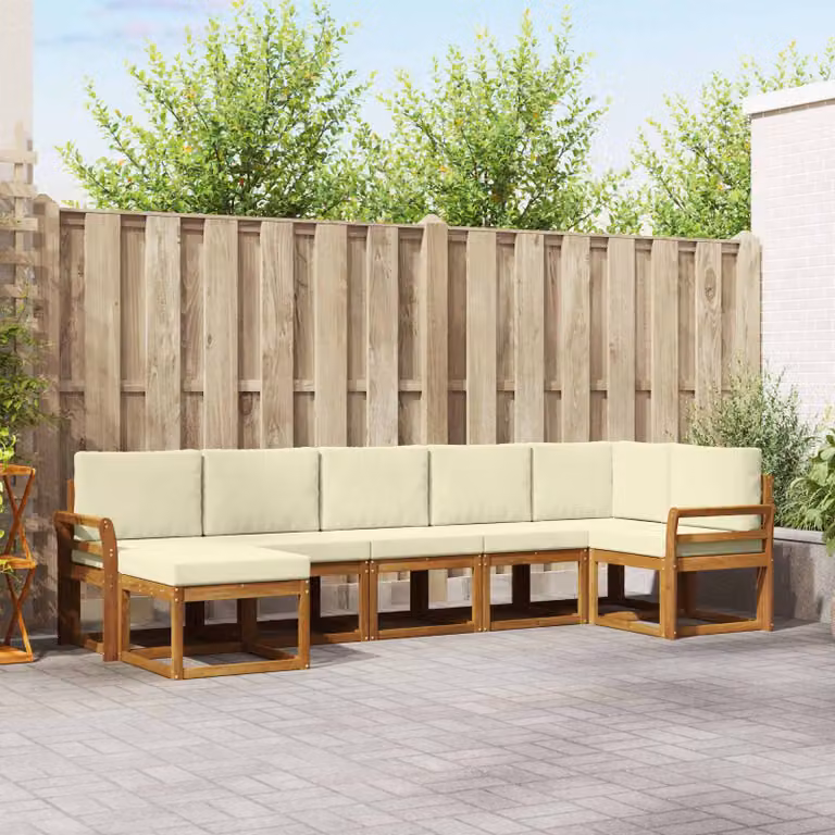 vidaXL Set di divani da esterno 7 pz in legno di acacia con cuscini, Beige e Bianco