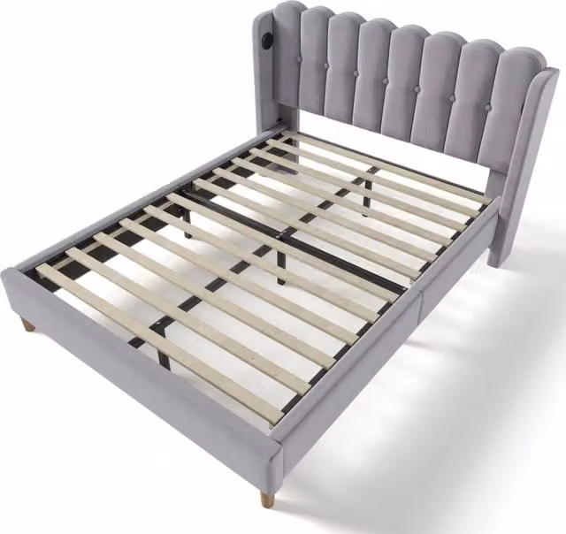 Letto matrimoniale imbottito grigio 140x200 cm con ricarica USB Tipo C e rete a doghe