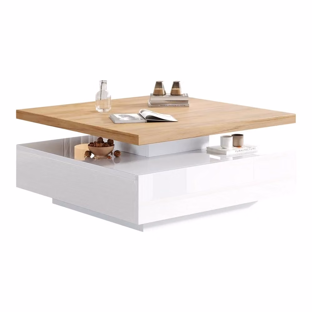 Tavolino da caffè girevole Minimal bianco lucido con struttura effetto noce e 2 ripiani per soggiorno L: 70 cm, P: 36 cm, H: 30 cm – 2