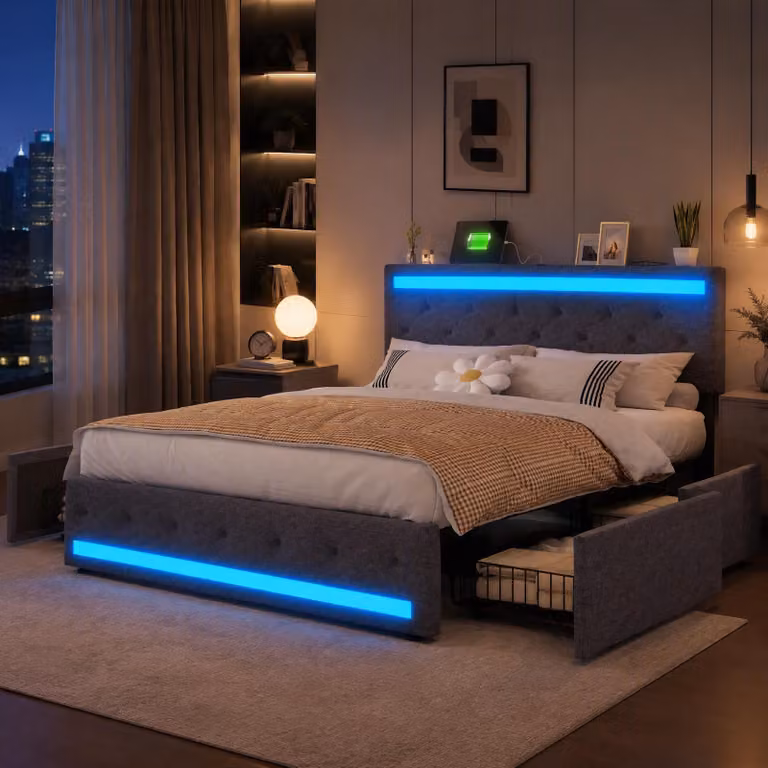 Letto imbottito 140x200 cm con caricabatterie USB, letto con spazio contenitore, struttura letto matrimoniale con rete a doghe, letto con spazio contenitore e illuminazione LED con 4 cassetti, tessuto in lino, colore grigio