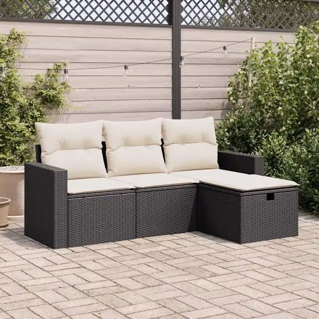 Set di divani da giardino a L vidaXL in polyrattan nero con cuscini bianchi e struttura in metallo
