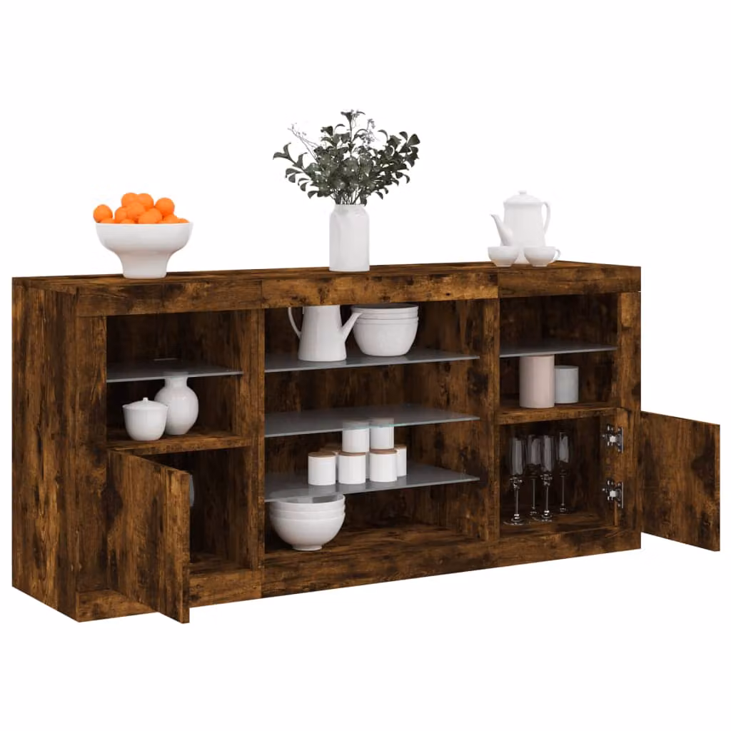 Credenza moderna vidaXL con luci LED in rovere fumo, L: 142,5 cm, P: 37 cm, H: 67 cm