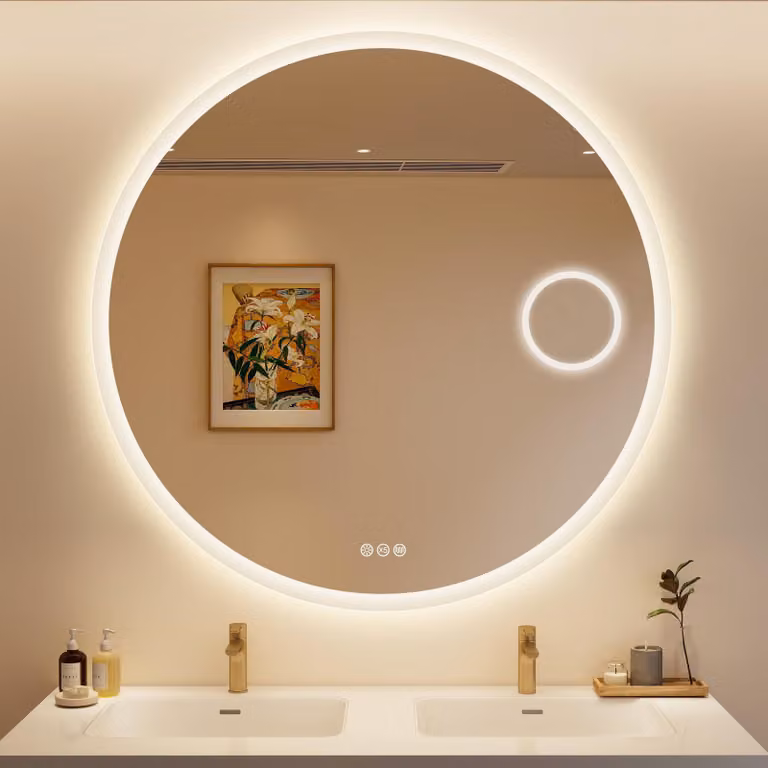 Specchio da bagno LED rotondo, diametro 100 cm, ingrandimento 5x, dimmerabile, grado di protezione IP44