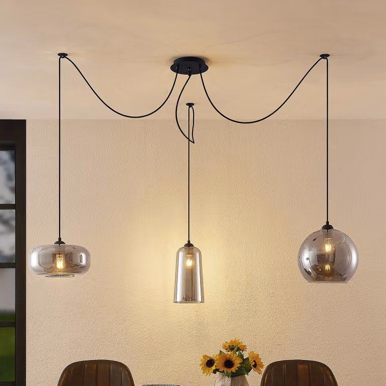 Lampada a sospensione in vetro Zyli Lucande, dimmerabile, Alluminio / Grigio / Zincato, Soggiorno / Sala da pranzo, Vetro, Vintage, Lampada a sospensione