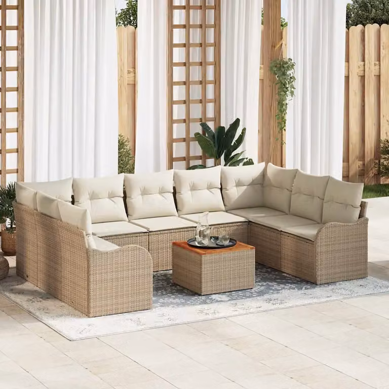 Set Divano da Giardino vidaXL 10 Pezzi Beige e Bianco con Tavolino e Cuscini in Polyrattan e Acciaio