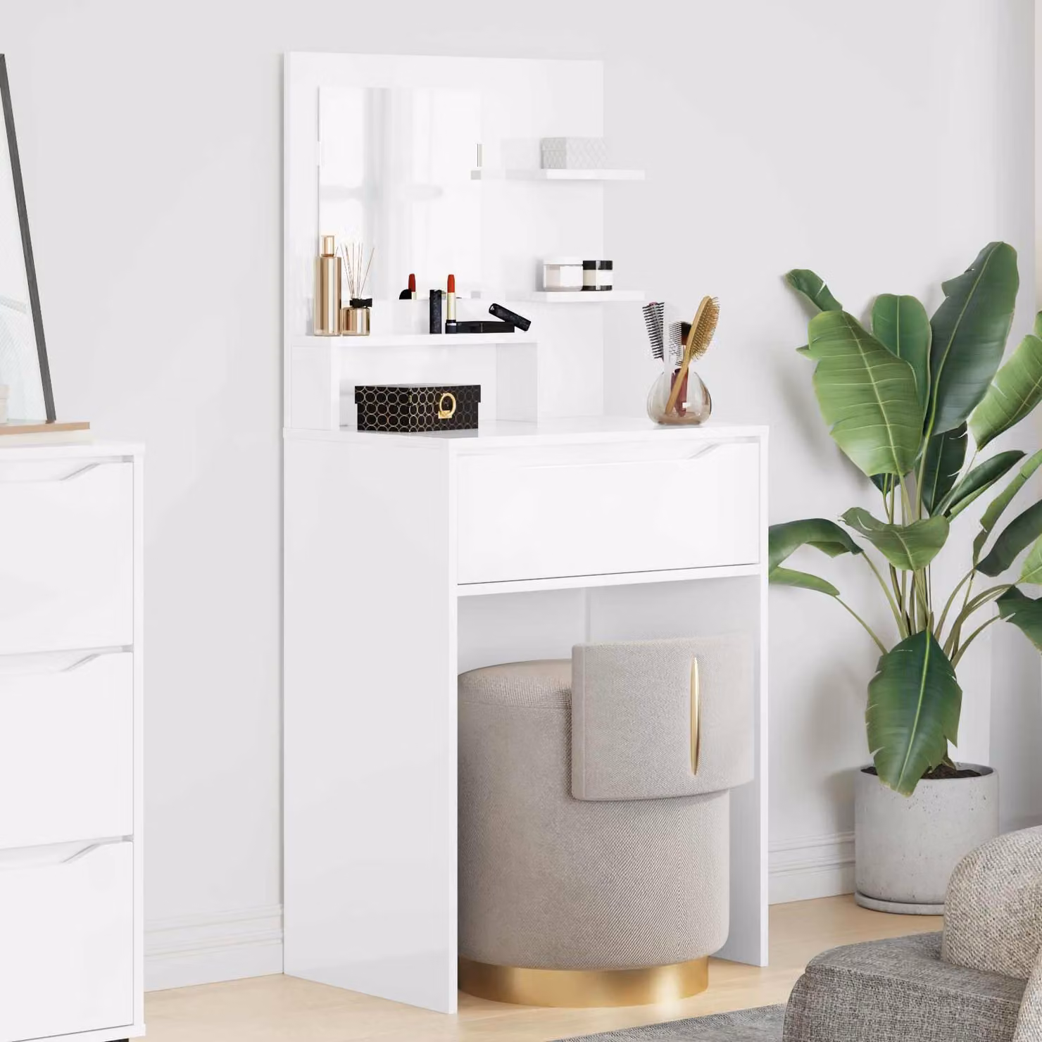 vidaXL Tavolo da trucco moderno in MDF bianco lucido L: 135 cm, P: 60 cm, H: 39,5 cm