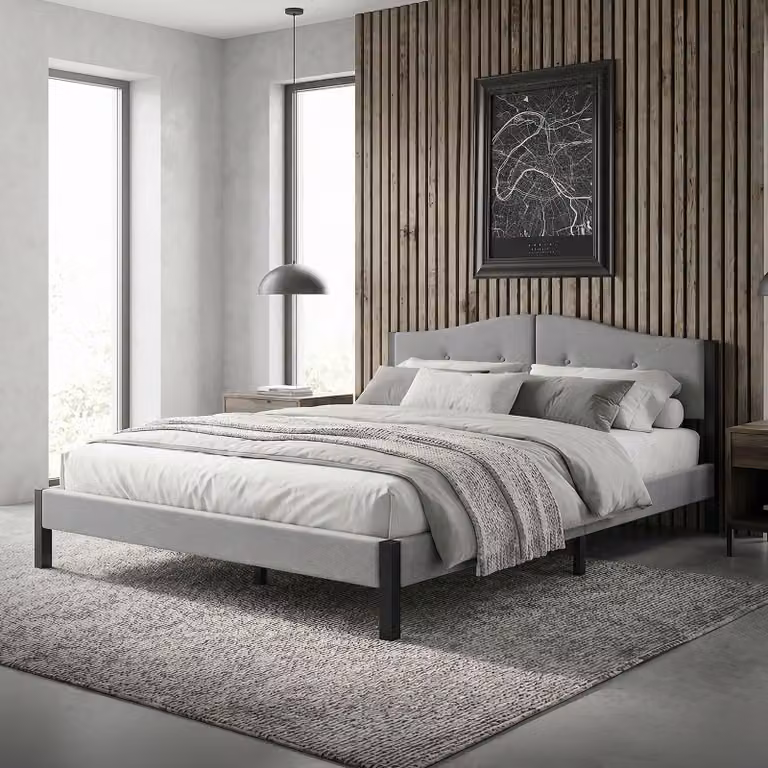 Letto imbottito ML-Design 160x200 cm, grigio. Letto matrimoniale con solida struttura, testiera e rete a doghe. Letto moderno per ragazzi rivestito in tessuto di lino.
