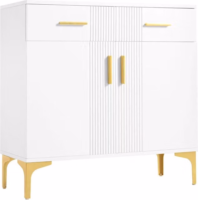Mobile moderno con 2 porte e 2 cassetti, maniglie e piedi in metallo, bianco, 80x35x79,5 cm