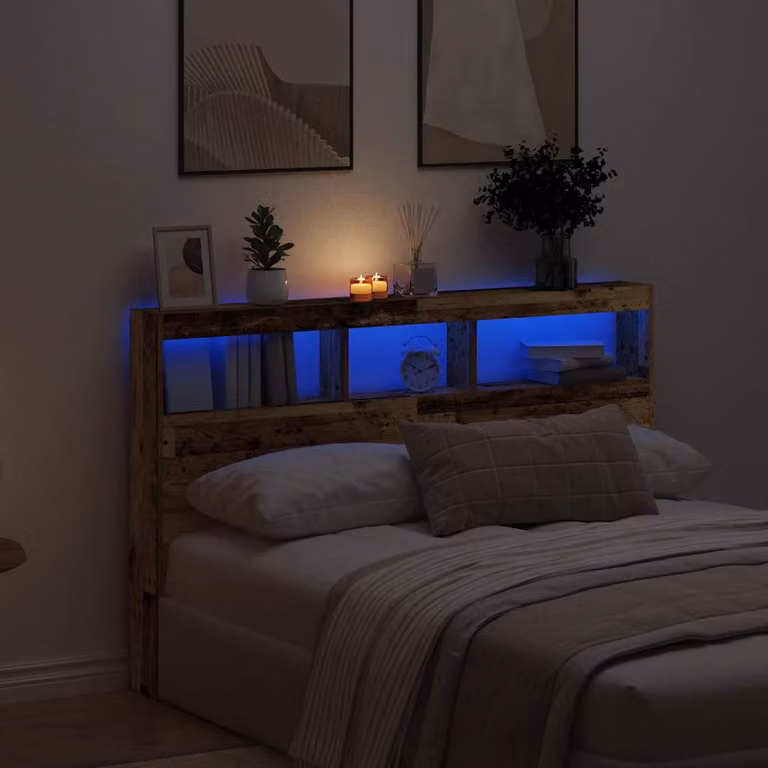 Testiera con Contenitore vidaXL in Legno Antico con Illuminazione LED e Porte USB, L 160 x P 17 x H 102 cm