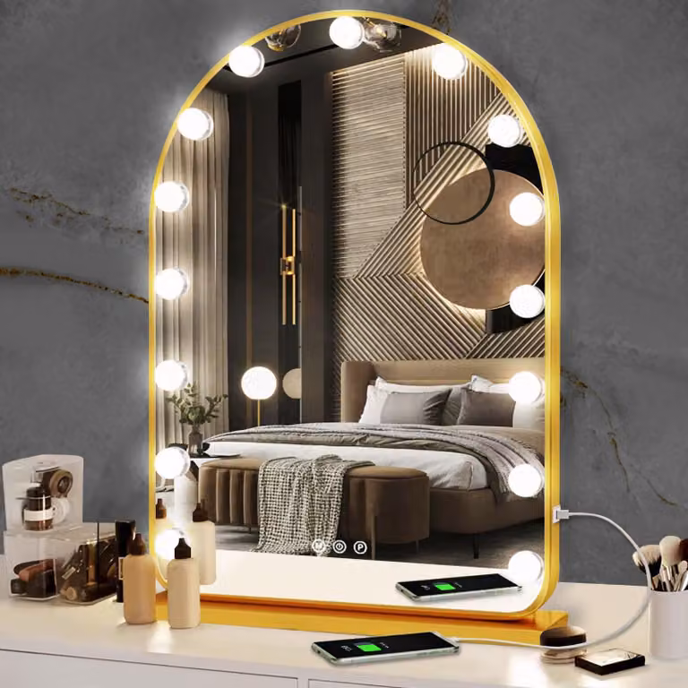 Specchio da trucco con 15 luci LED, dimmerabile, 3 colori, forma ad arco