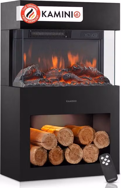 KAMINIO Camino elettrico HENRI - Stufa elettrica con riscaldamento, effetto fiamma 3D, luce ambiente a LED, scomparto de legno, telecomando - Nero