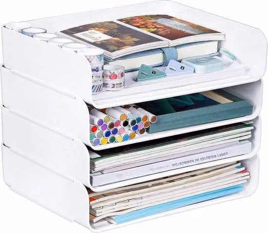 Organizer da scrivania a 4 ripiani per fogli A4 e documenti - bianco, 4 pezzi