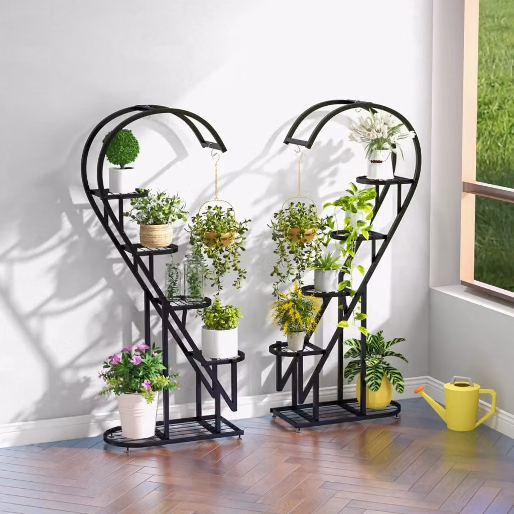 Set di 2 Scaffali Porta Piante in Metallo Nero a 5 Livelli con Design a Cuore e Ganci per Soggiorno o Giardino – 2