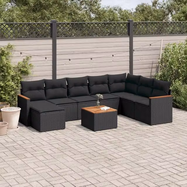 Set Divani da Giardino 9 pz con Cuscini Nero in Polyrattan 3258653