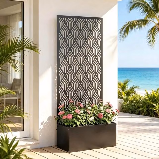 Fioriera rialzata in metallo 45x21,5x110 cm nera con traliccio, per giardino compatto –