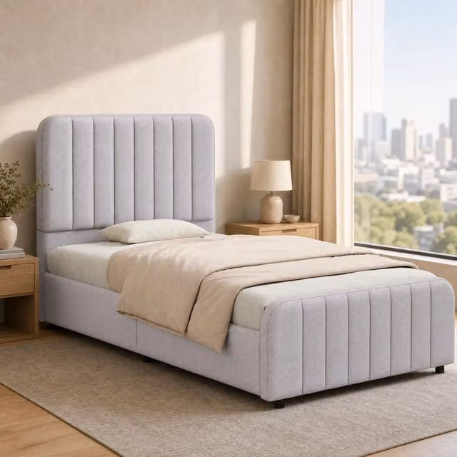 Letto per bambini imbottito 90 × 200 cm idraulico con vano contenitore rete a doghe testiera in lino grigio