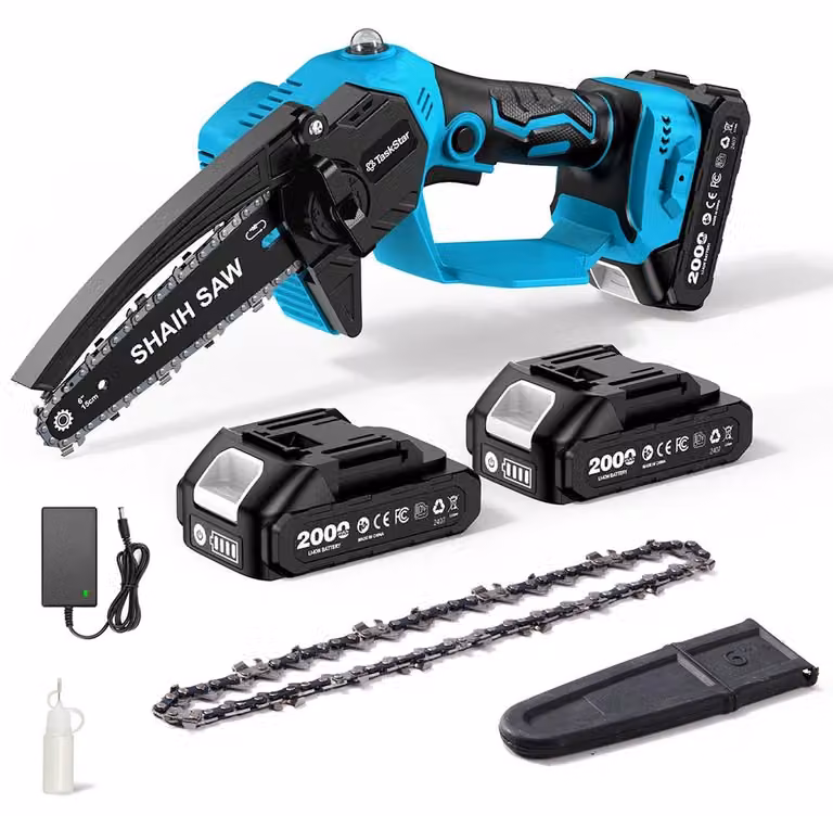 Troncatrice a batteria compatta - Lame da 15 cm - Motore brushless - Lubrificazione automatica della catena - 2 batterie da 2000 mAh - Ideale per la potatura degli alberi