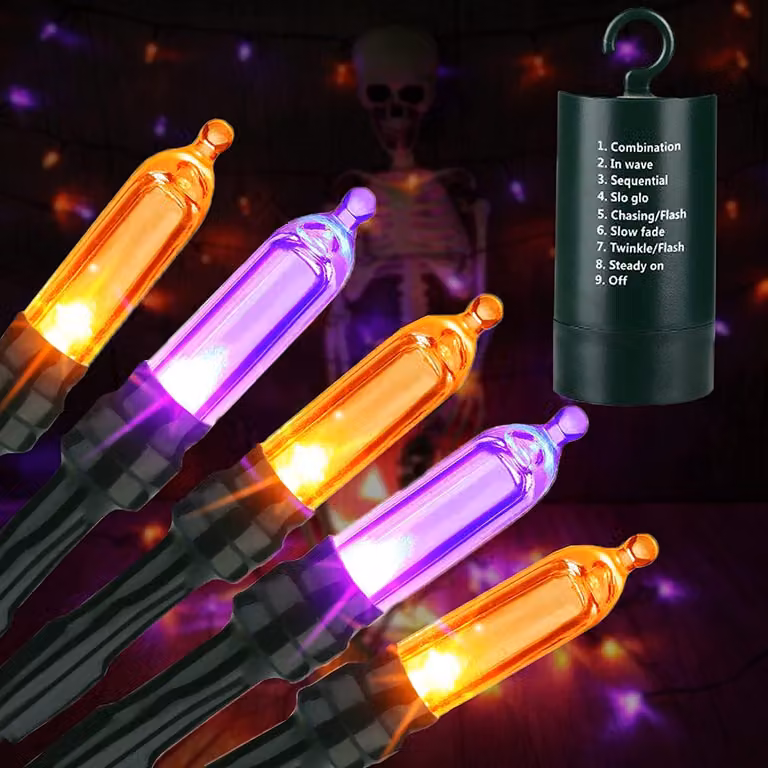 Catena luminosa per Halloween, 10 metri, 100 LED, arancione e viola, alimentazione a batteria, grado di protezione IP65, con timer