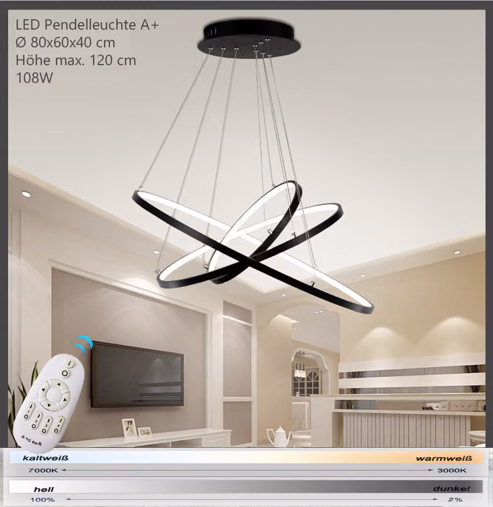 Lampada a sospensione LED 2130-3black anelli Ø 80x60x40 cm 108W con telecomando Colore della luce e luminosità regolabile dimmerabile 120cm