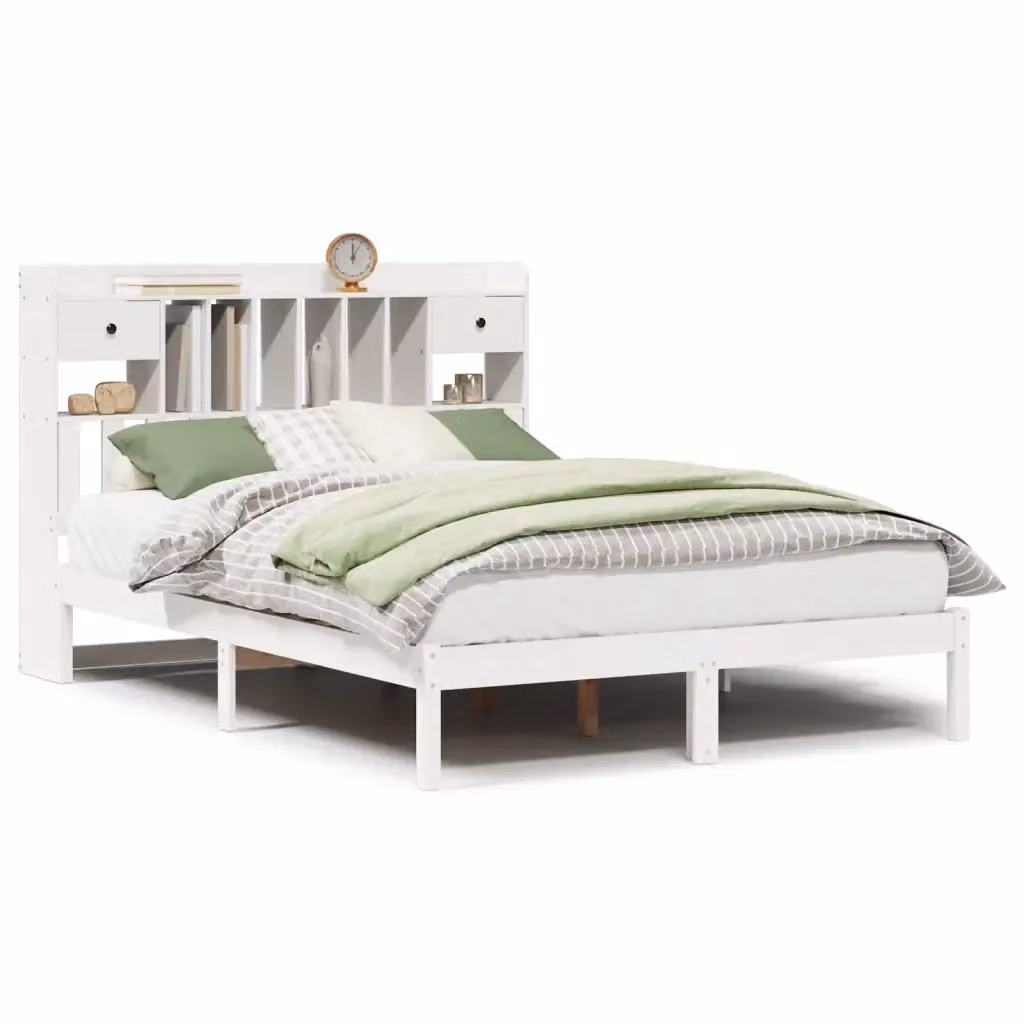 Letto Libreria vidaXL in Legno di Pino Bianco con Ripiani Laterali 140x190 cm – 2