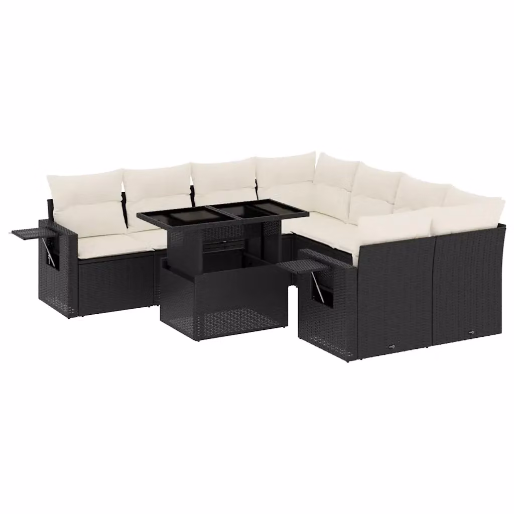 vidaXL Set Divani da Giardino a L 9 pz in Polyrattan Nero con Cuscini e Tavolino da Esterno – 2
