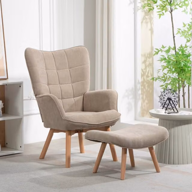 Poltrona relax con pouf in poliestere, colore khaki